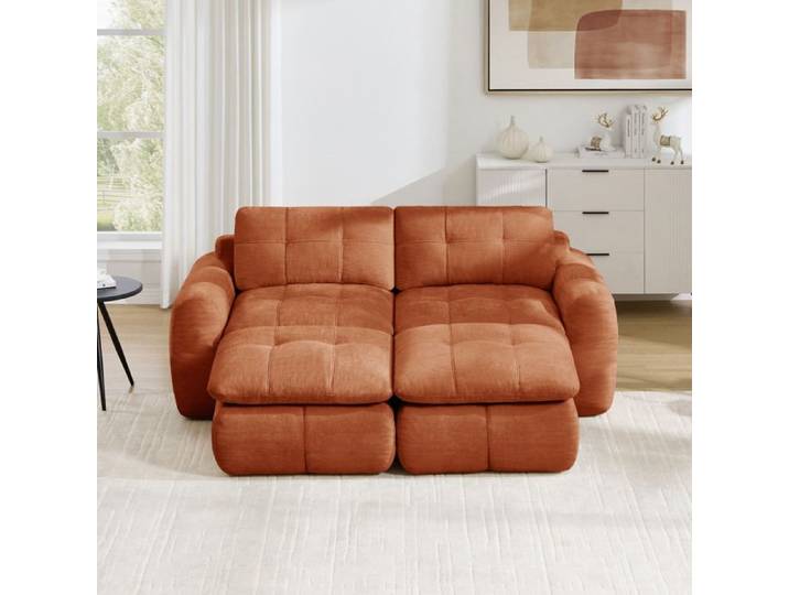 COVREO Canapé modulable 2 places avec 2 poufs en chenille orange capitonné sans cadre