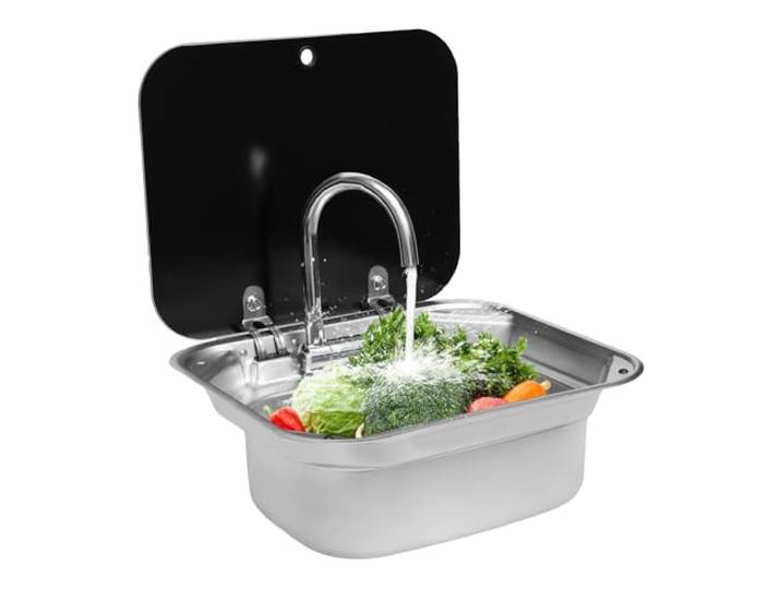 Einbauspüle Wohnmobil 41x36,5cm Edelstahl mit Glasdeckel & Klapphahn Komplettset mit Kalt-/Warmwasserhahn, 360° drehbar, Abflussrohr, Geruchsverschluss, EVA-Dämmmatte, 4mm Wandstärke, 10cm tief