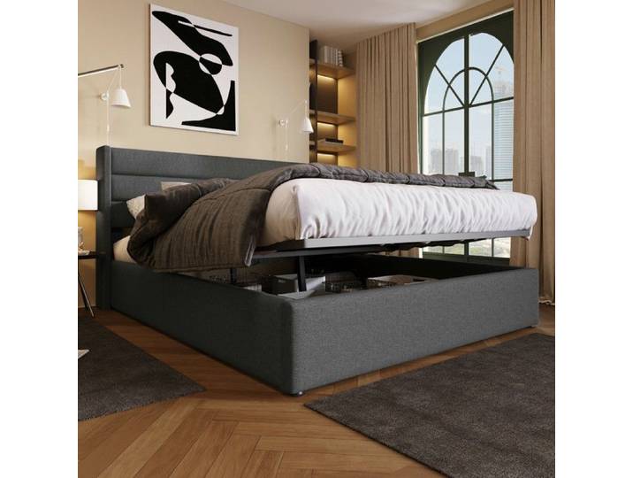Lit adulte - VVBV - Plateforme capitonnée 180x200 - Rangement hydraulique - Sommier à lattes - Gris