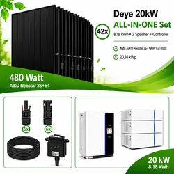 PV  Komplettset  20,16  kWp  -  42x  AIKO  480W  Full  Black  -  Deye  20  kW  Hybrid  Wechselrichter  +  8,18  kWh  Speicher