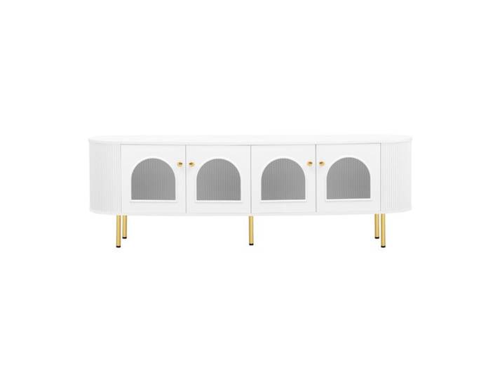 Meuble TV en MDF blanc avec portes vitrées détails dorés et passe-câbles – style élégant
