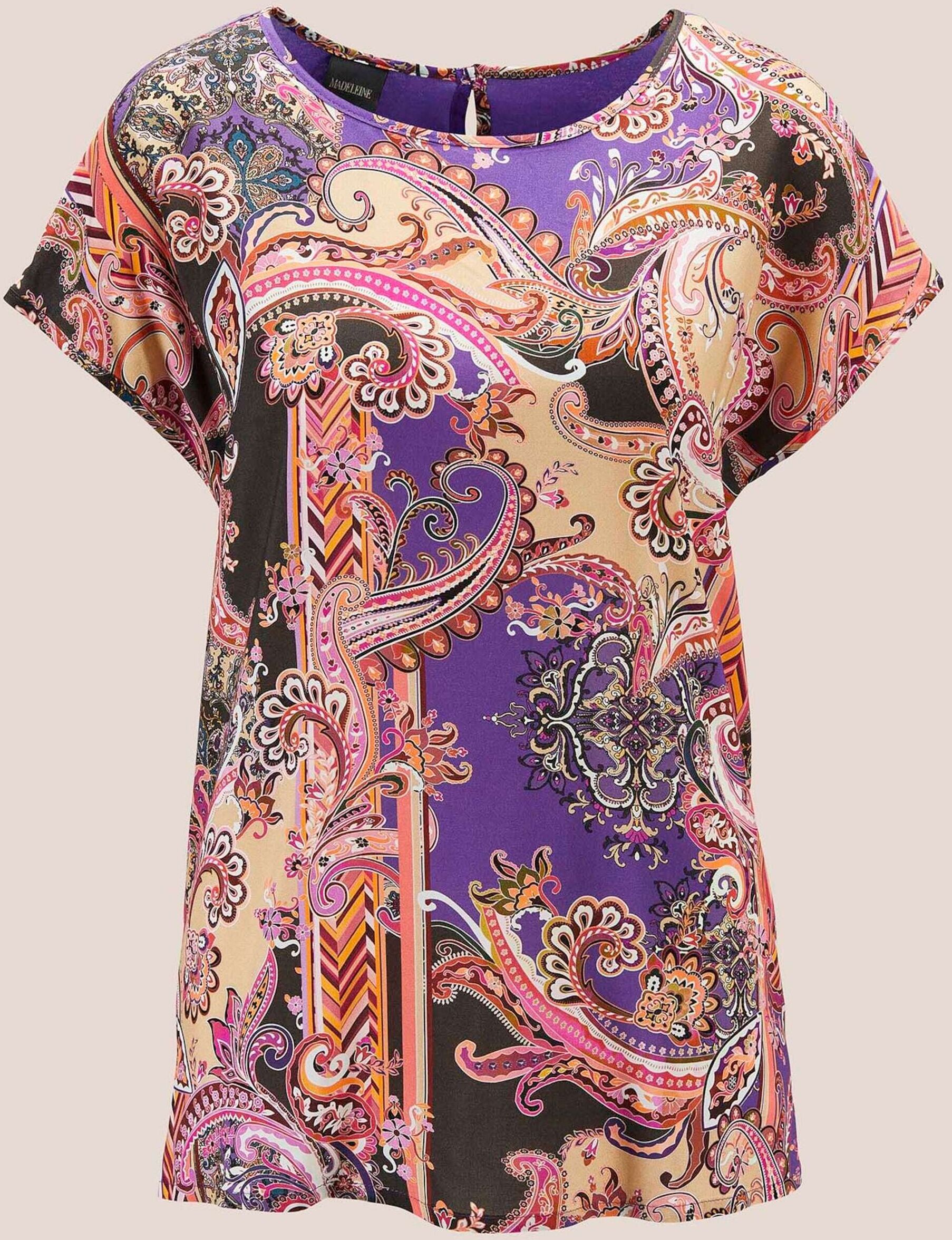 Shirtbluse MADELEINE "Shirtbluse Jerseyshirt mit Unikat-Print", Damen, Gr. 48, lila (ultraviolett, multicolor), Obermaterial: 100% Viskose CV., Modern, normal, U-Boot-Ausschnitt, Blusen Shirtbluse