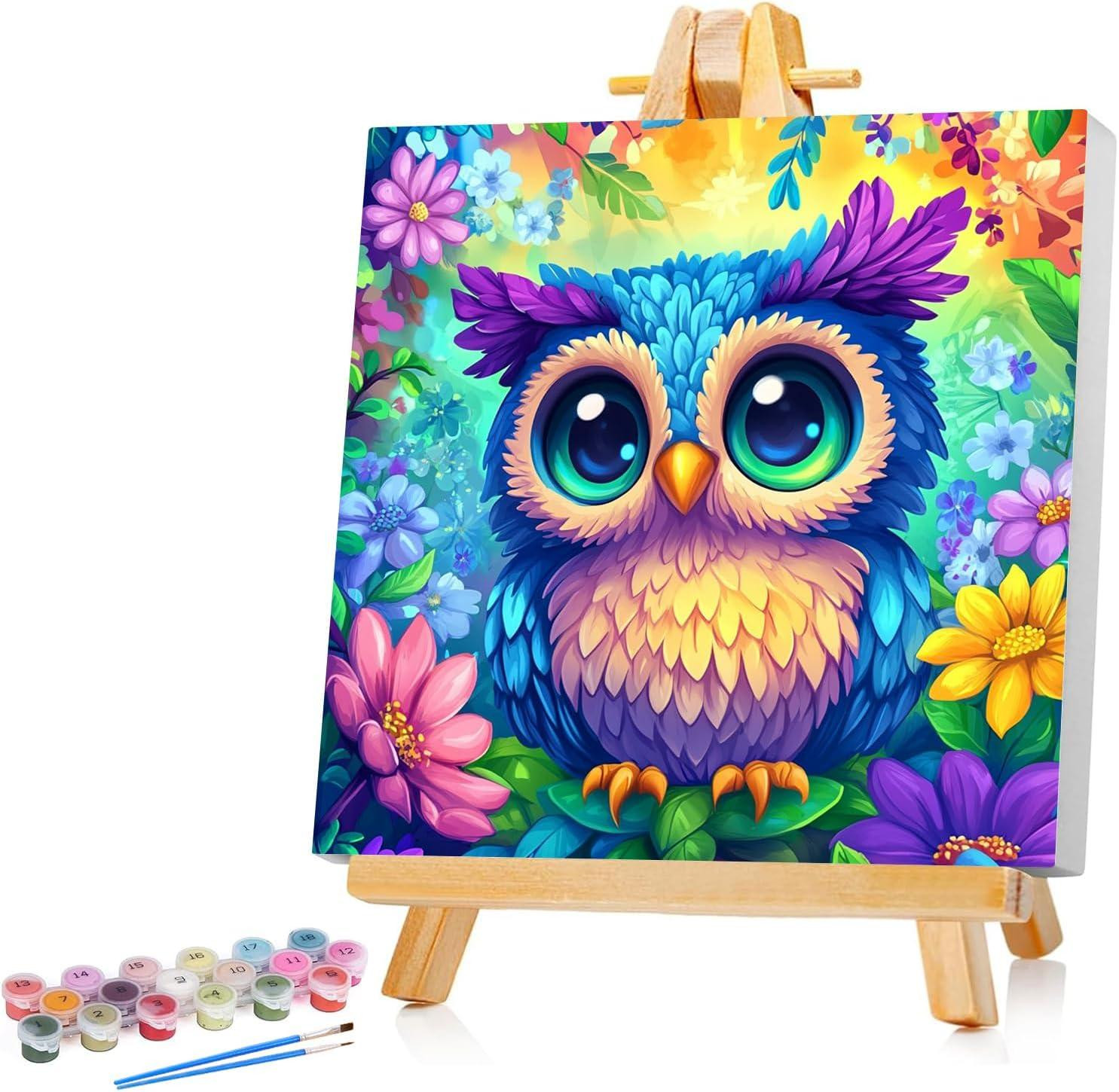 Schilderen op nummer uil met lijst voor kinderen, 20 x 20 cm