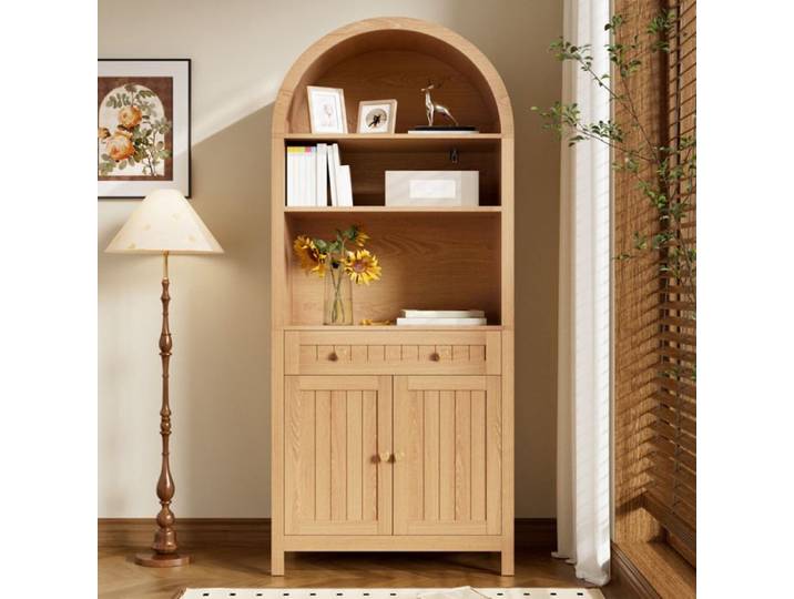 Buffet haut 2 portes 1 tiroir et 3 niches ouvertes avec range-épices pour cuisine et salon naturel - UVRION