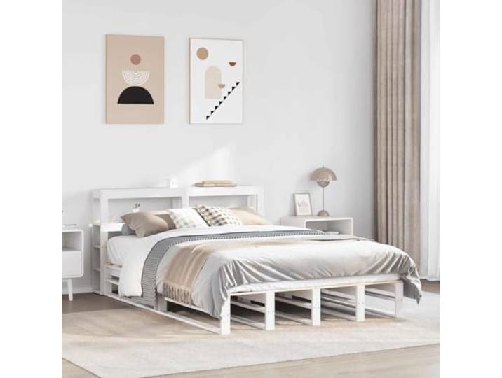 RJPLMFV Doppelbettgestell, Weiß, 150 x 200 cm, massives Kiefernholz Lattenrost inklusive, Kopfteil mit Einlegeböden, praktische Aufbewahrung, ohne Matratze