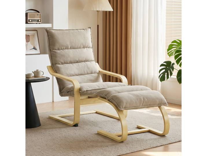 HOMCOM Fauteuil Salon Lin Beige avec Repose-Pied Dossier Haut
