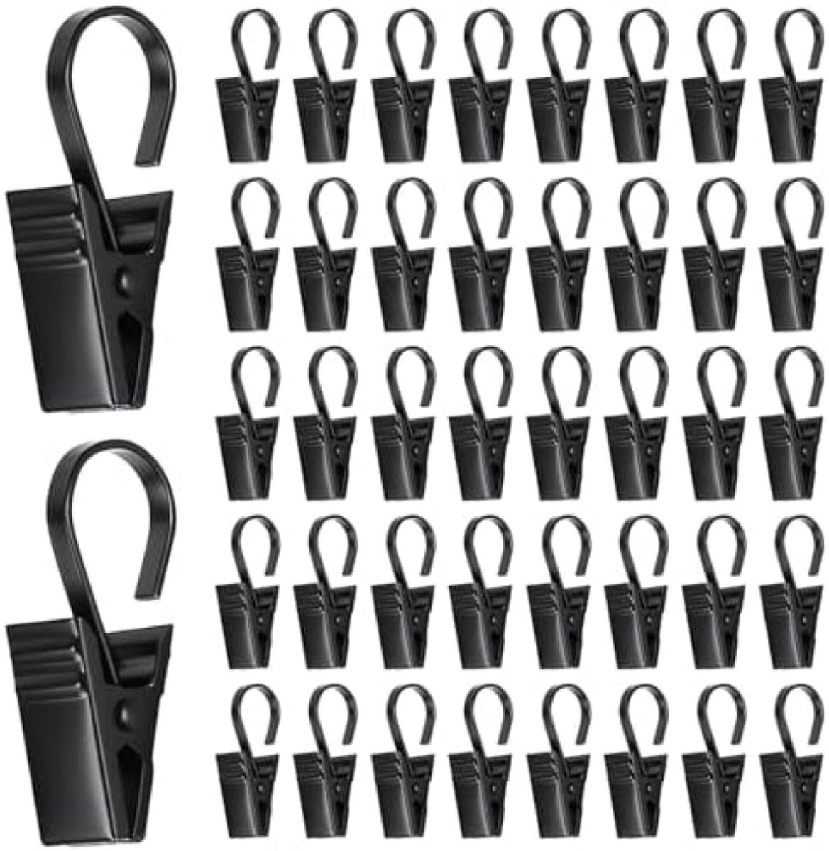 PromoHome 60 stuks zwarte gordijnklemmen - Roestvrijstalen gordijnclips met dubbele tandopening voor douchegordijnen, LED verlichting en decoratie