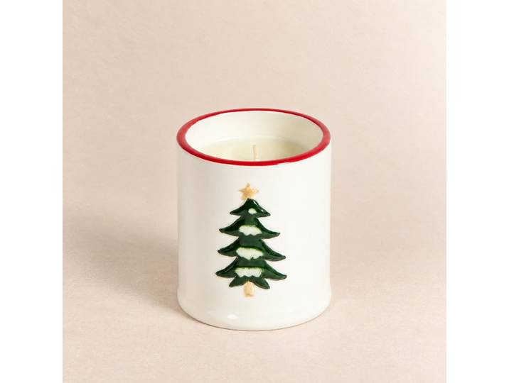 Duftende Weihnachtskerze aus Keramik mit Tannenbaummotiv, Duftrichtung „O Tannenbaum“