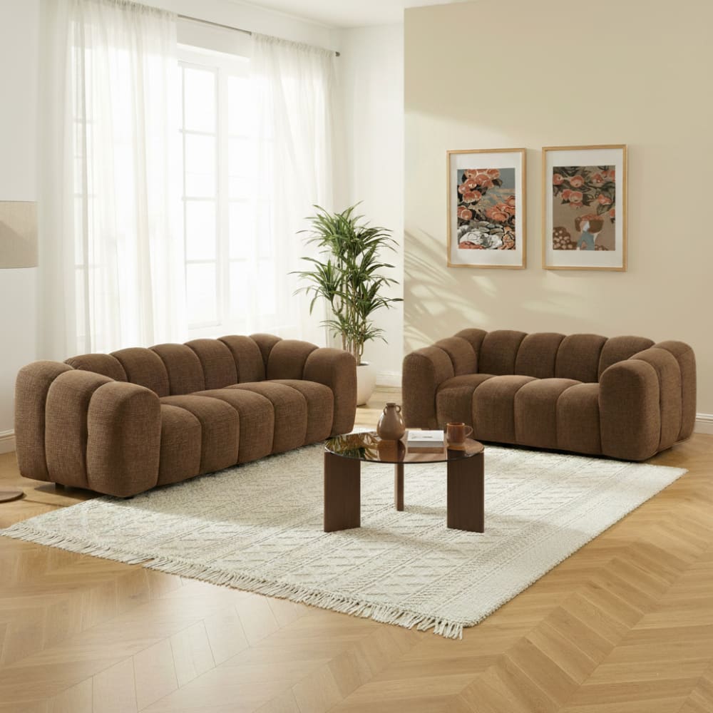 Sorelh Ensemble canapés droits fixes 3+2 tissu tweed marron Marron 221x75x97cm