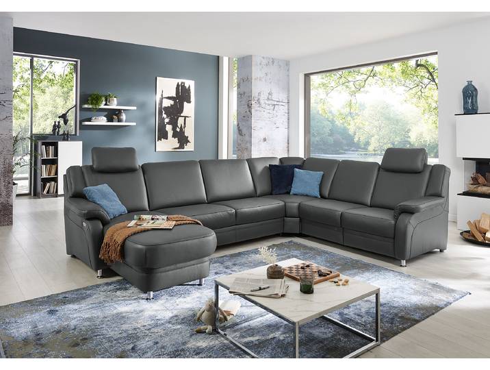 Wohnlandschaft Samento Grau Echtleder Tomma 336 x 91 x 239cm Ottomane davorstehend links Kopfstütze verstellbar/Schlaffunktion/Relaxfunktion
