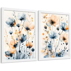 POSTER 2er-Set Wandbilder Blumen Blau Orange Boho modern Wohnzimmer Deko, Schlafzimmer, Küche, Badezimmer Rahmenlos A3