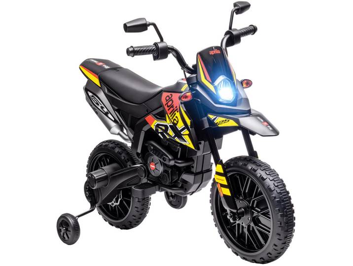 ComfortXL Kinder-Motorrad De-06219 12V Aprilia lizenziert mit Stützrädern und Musik Gelb, Kunststoff, Metall, 56x80x106.5 cm, Freizeit & Co, Gartenspielzeug, Kinder-Elektrofahrzeuge