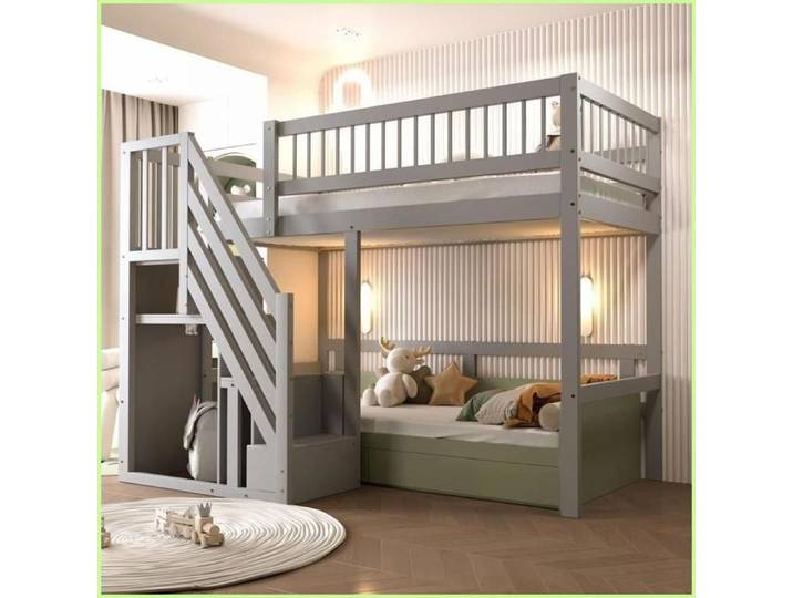 Lit pour Enfants/Adolescents en Bois Massif - Treppe à Rangement Intégré - Gris