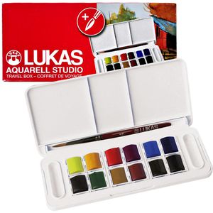 Lukas-Nerchau Farbkasten K6855 Aquarell Studio, mit Aquarellpinsel, Travel-Box, 12 Farben