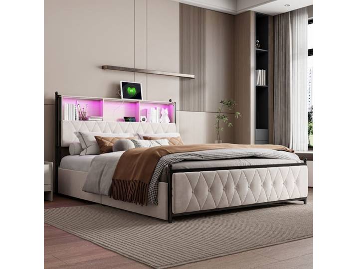 Lit 160x200 avec rangement Lit 160x200 avec 4 tiroirs LED et USB lit coffre 160x200 cadre de lit double 160x200 avec sommier Beige