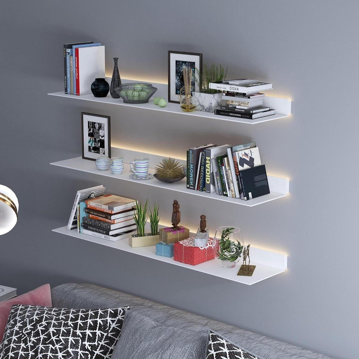 Zwevende wandplank met ingebouwde LED-verlichting, wit, 60 cm