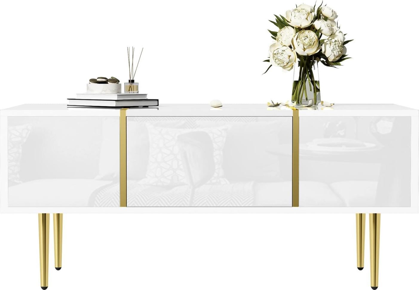 Fortuna Lai glanzende salontafel met 2 lades en metalen poten, wit