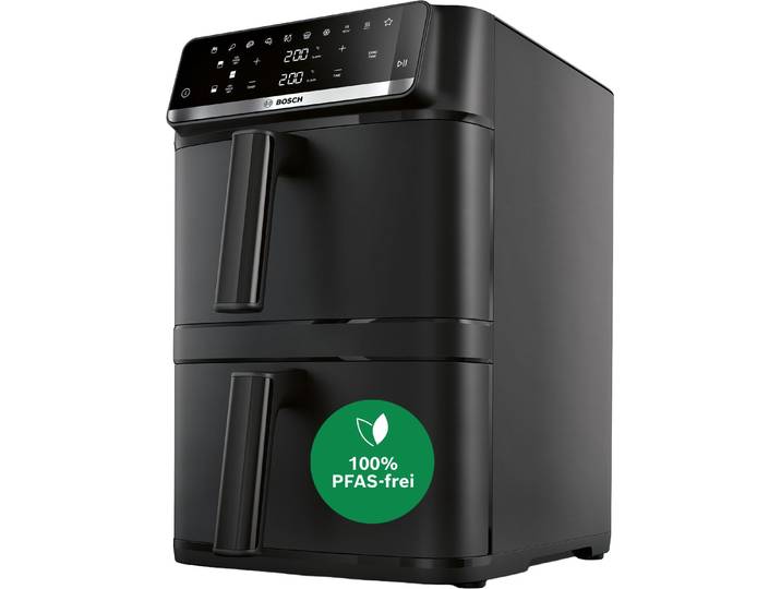 BOSCH Heißluftfritteuse Serie 6 MAFD661B0, XXL Heißluftfritteuse, 12L, PFAS frei, Doppelkammer , schwarz, B:27,5cm H:41cm T:50,4cm, Fritteusen, platzsparend, einfache Reinigung, weniger Fett, 6 Programme, schwarz, Heißluftfritteuse