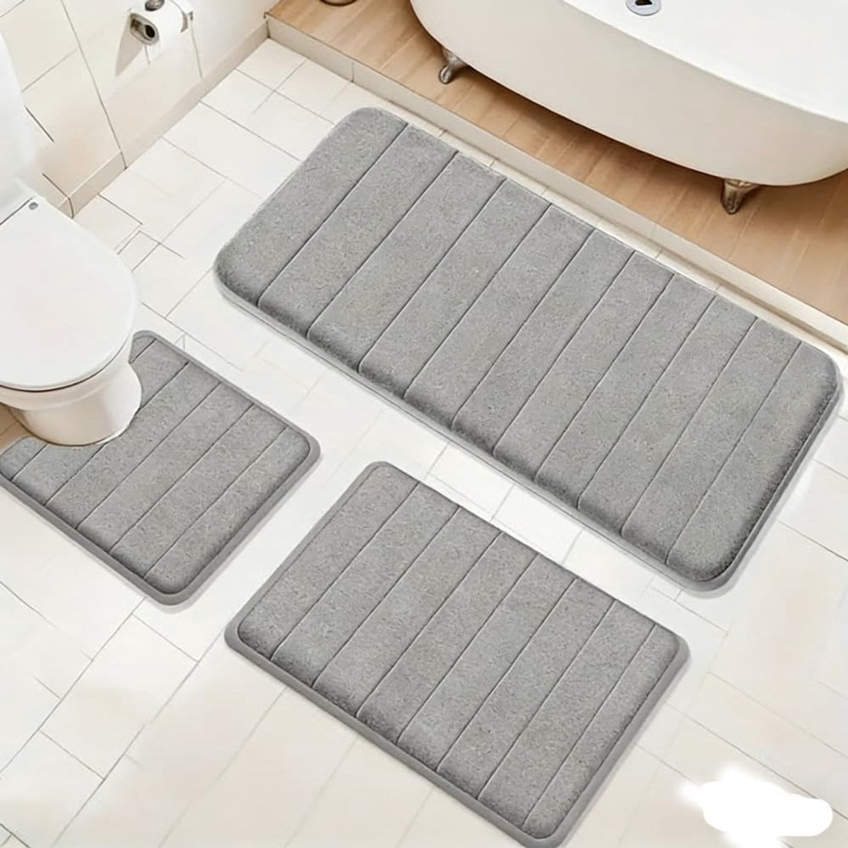 Thijox Set van 3 Badmatten Traagschuim - U-vormige WC-mat Antislip - Lichtgrijs
