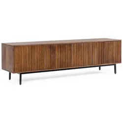 TV Board Tadita aus Mangoholz, modernes Design, 170 cm, braun, Push-to-Open, schwarze Metallfüße