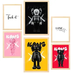 POSTER Set Mit 6 Kultige Kaws Farbenfroh A3 & A4 Rahmen Aus Hellem Holz