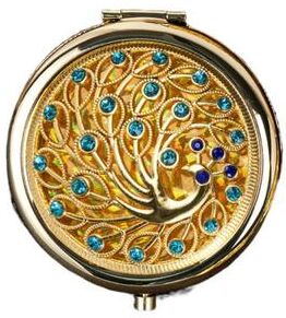 Fusion Finds Elegant Pocket Mirror Crystal Glitter Metal Compact Makeup Mirror For Purse & Travel blue Peacock