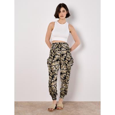 Jogger Pants APRICOT "Jogginghose mit tropischem Blattmuster", Damen, Gr. L (40), N-Gr, blau (navy), Obermaterial: 100% Viskose CV., Modisch, Hosen, mit tropischem Blattmuster