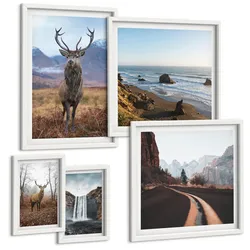 BILDER SET 5er Set - 50x50 cm & 20x30 cm & 40x60 cm Weißer Rahmen - Berglandschaften, Wasserfälle, Hirsche, Strände