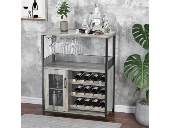 FairyLee Weinbar-Regal mit abnehmbarem Weinregal Glashalterung Mesh-Tür 3 stufiger Sideboard Schrank Grau