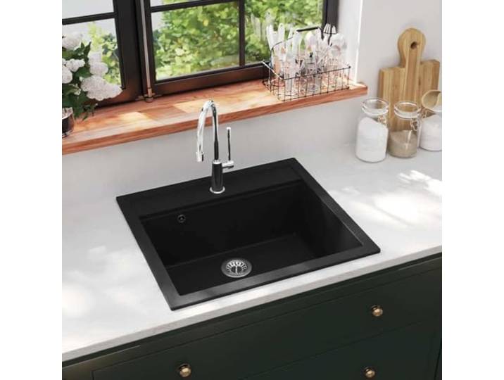 KFPOERTFGD Granitspüle Einzelbecken 565x510mm Schwarz Einbauspüle Quarz Hitzebeständig bis 280 C, Inklusive Siebkörbchen, Kratzfestes Material