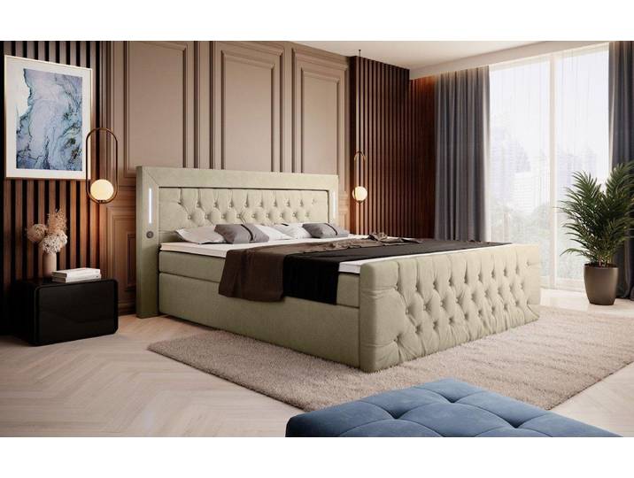 Boxspringbett Elegance mit LED, USB und Stauraum - 180x200 - Beige - H3 (70-100kg) - Luxusbetten24