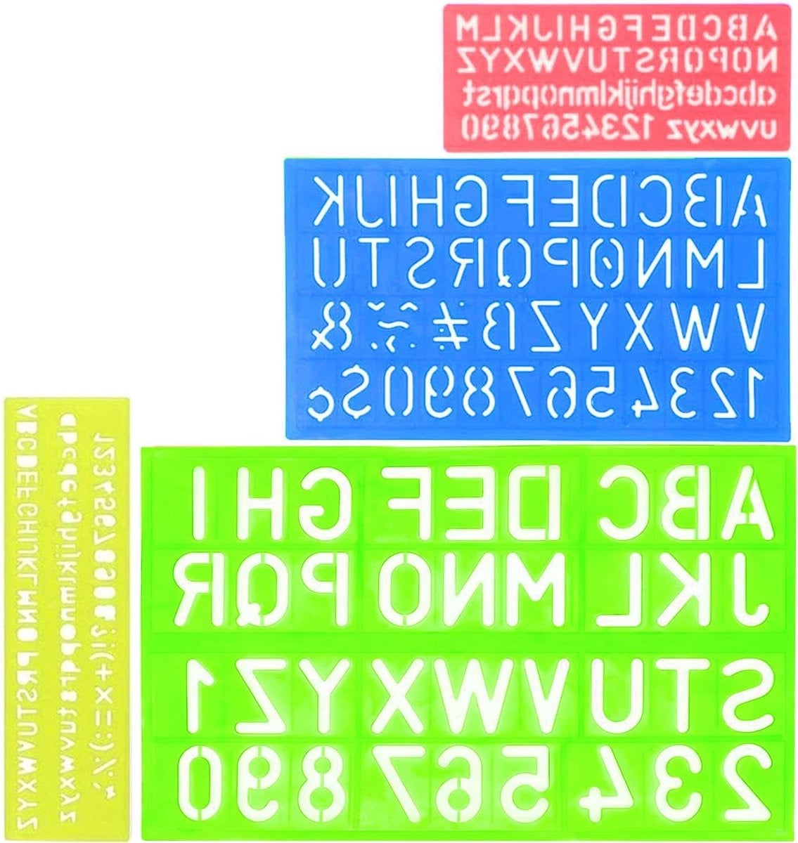 Set van 4 plastic letter en cijfer sjablonen in diverse kleuren voor creatieve projecten en handlettering