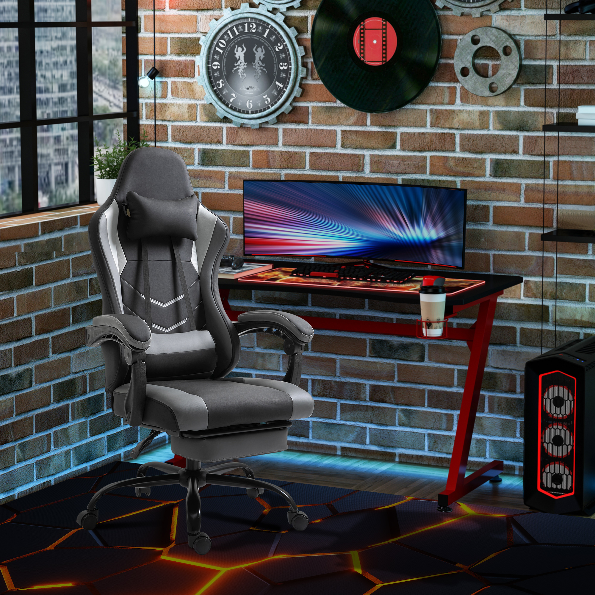 Vinsetto Sedia Gaming Ergonomica Ufficio Sedia da Scrivania, Sedia Girevole Regolabile in Altezza, Cuscino Lombare Regolabile con Poggiapiedi Nero 62x52x128 cm