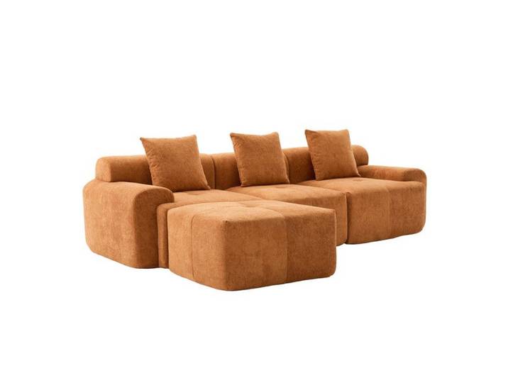 MEUBLES COSY Canapé d'angle modulable 3 places orange avec pouf et coussins