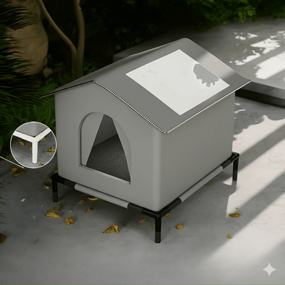 PetsAreLife Waterproof Outdoor Cat House, Feral Cat Shelter With Cold Resistance with Bracket Gray s