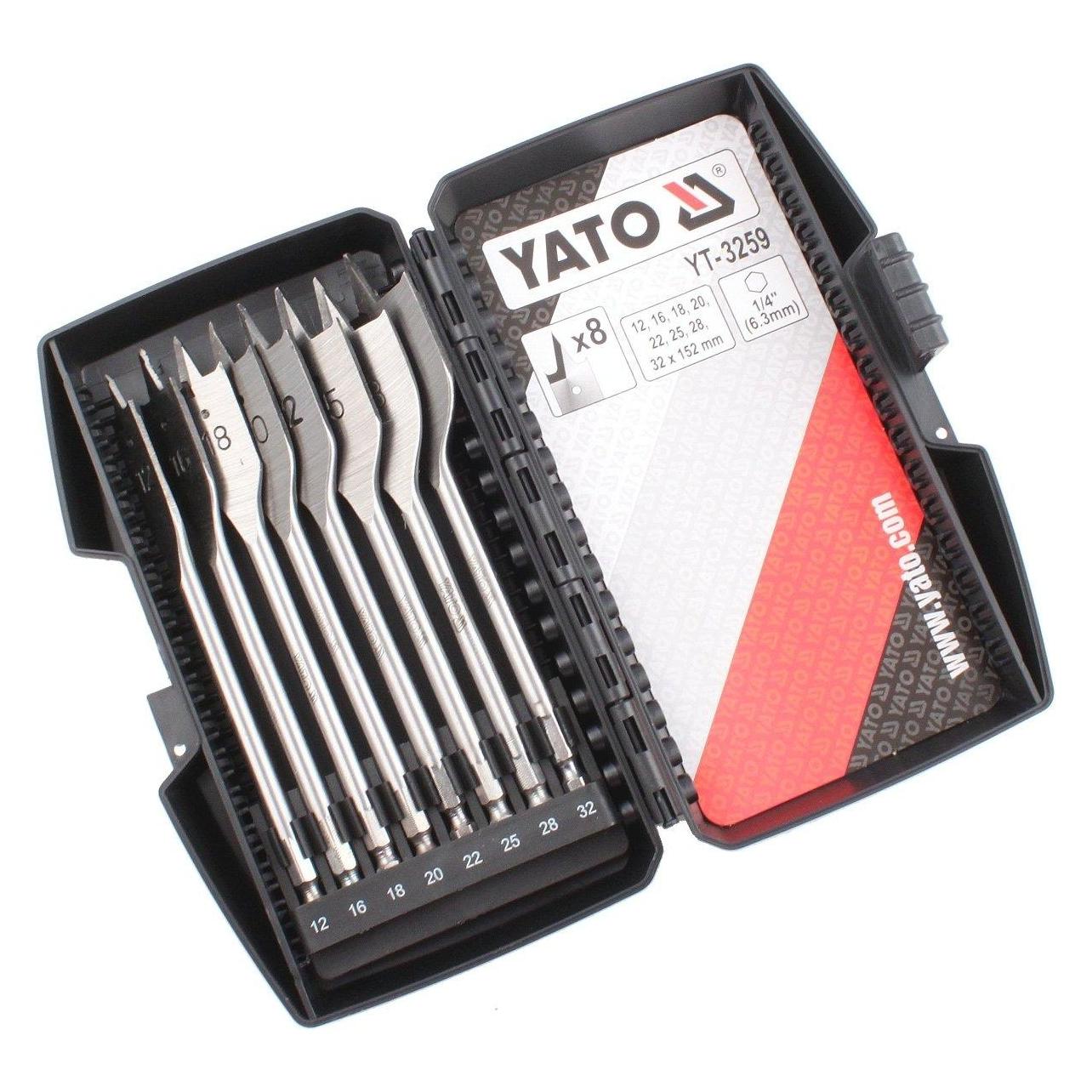 Yato FLAT WOOD DRILL BIT SET 8PCS 1232MM (12 Millimeter, 16 Millimeter, 18 Millimeter, 25 Millimeter, 28 Millimeter, 32 Millimeter, 4-22 Millimeter, bis 20 Millimeter) (YT-3259)