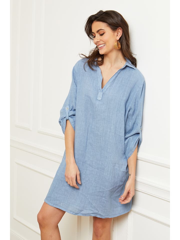 Fleur de Lin Leinen-Kleid "Basta" in Blau - XL