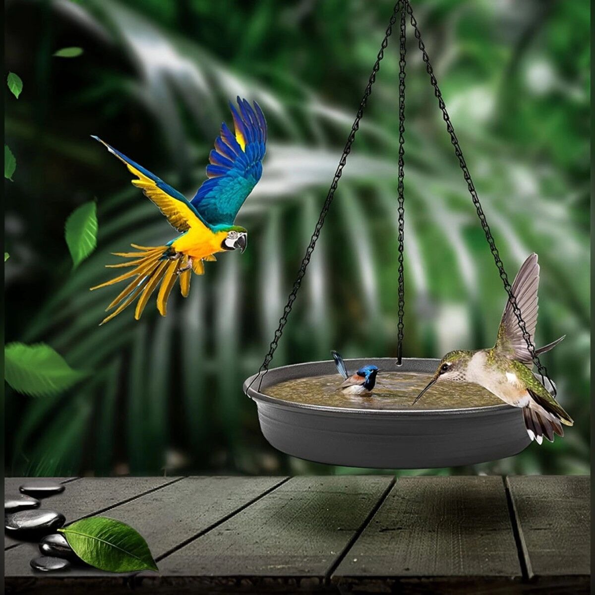 INF Hängendes Vogelbad mit Futterspender – Eisen und Kunststoff, automatische Badefunktion für Garten und Terrasse Grau