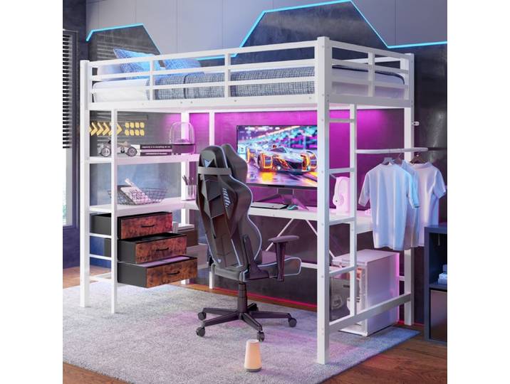 Lit mezzanine - KOMHTOM - KOMHTOM - 90x200 cm - Bureau intégré - LED intégrée - 3 tiroirs