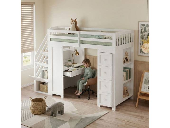 Bladez - Lit mezzanine 90x200cm - Lit étudiant avec 8 tiroirs - Lit coffre avec échelle - Lit enfant avec bureau intégré - Blanc