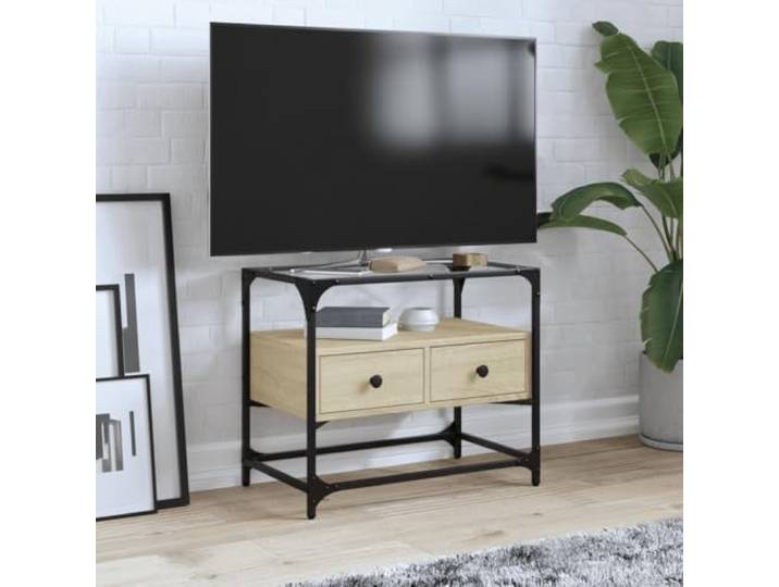 HEFZGDB TV-Schrank mit Glasplatte Sonoma-Eiche 60x35x51cm Holzwerkstoff Metallrahmen Zwei Schubladen Stauraum Beistellschrank TV-Ständer Wohnzimmermöbel