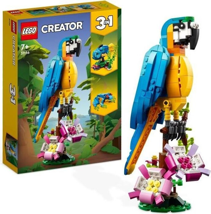 LEGO Creator 3-in-1 Exotische Papegaai 31136 met junglefiguren, kikker en vis