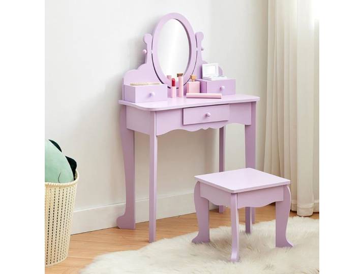 Coiffeuse -Coiffeuse Enfant en Bois avec Miroir inclinable et Tabouret-Table Maquillage pour Fille 4-9 Ans Violet sans lumièreère