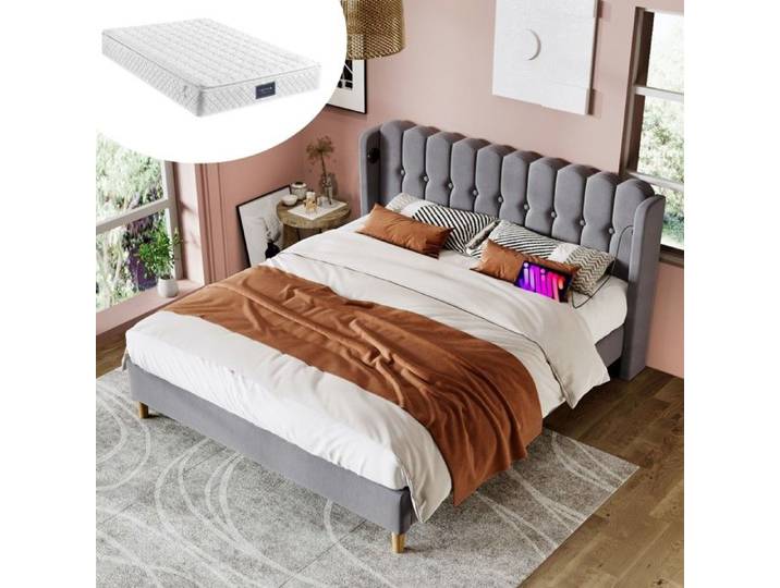 Lit Double 140x200cm Gris Jeunesse Rembourré Lin avec Charge USB Cadre Lattes Intégré Design Cosy et Matelas