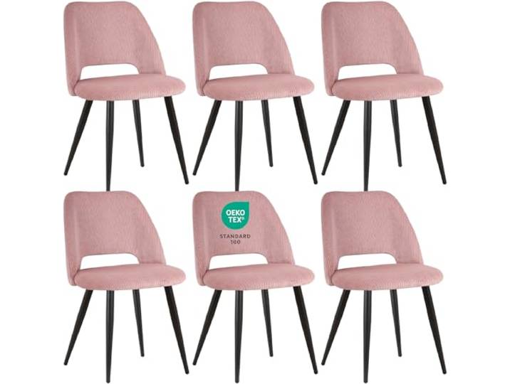 JIJIAN Esszimmerstühle 6er Set, Streifencord mit Ausschnittrückenlehne Stühle Esszimmer, Küchenstühle, Wohnzimmer Essstühle, Gepolsterte Stühle für Esszimmer, Küche, Schlafzimmer, Rosa