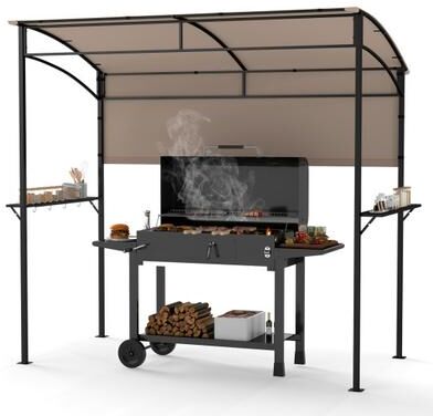 Costway 7.8 x 4.4 FT Outdoor Patio BBQ Canopy with Metal Shelves and Bottle Openers-Brown
