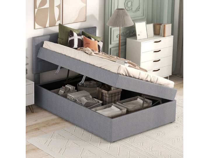 Lit coffre - SOGEU - lit coffre 90x200 - 90x200 cm - tissu lin gris - sommier à lattes