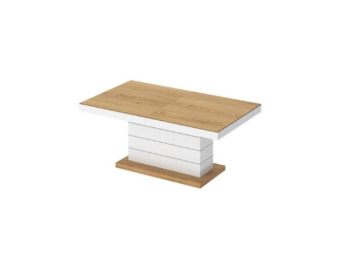 designimpex Couchtisch H-333 Eiche Natur - Weiß Hochglanz höhenverstellbar ausziehbar
