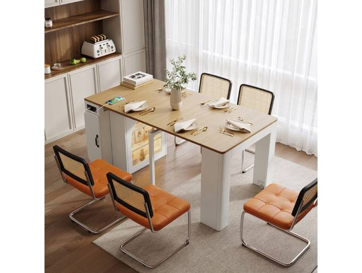 Îlot de cuisine - Îlot de cuisine extensible blanc - Plateau amovible - Roulettes cachées - Prise USB/Type-C & LED