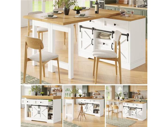 Îlot de cuisine multifonction avec table à manger intégrée et rangements cachés